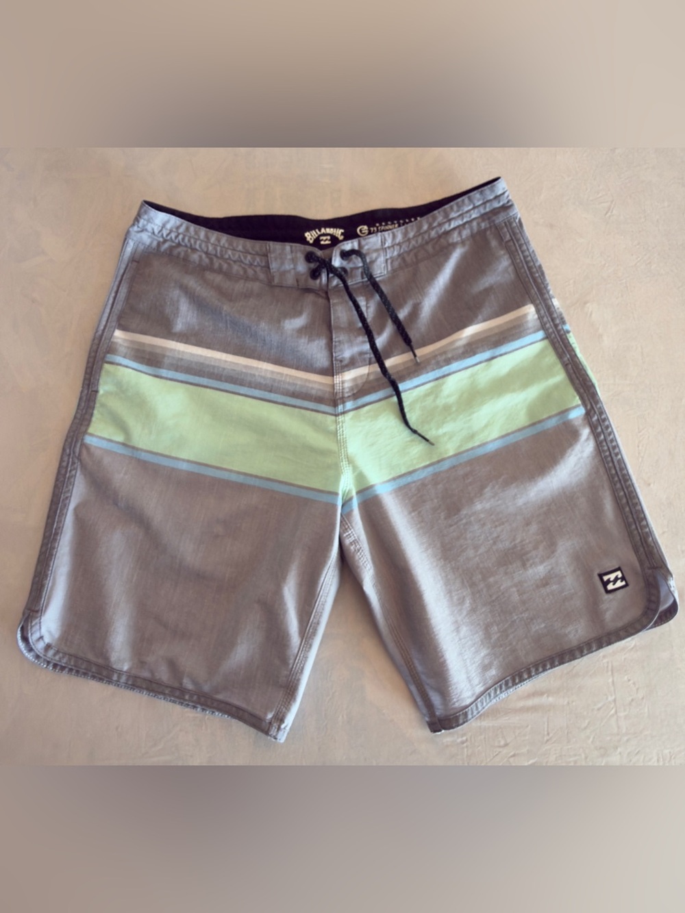 Billabong Men’s Gray, Green & Blue Stripe Board Shorts